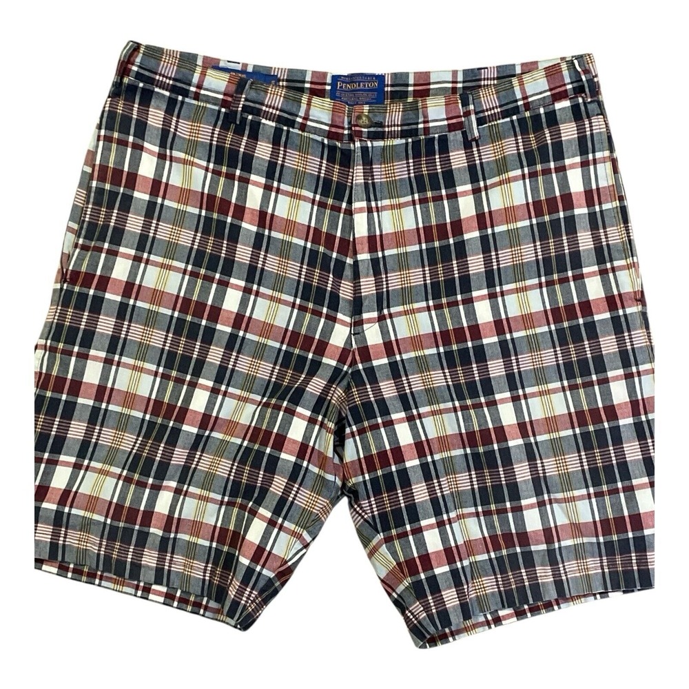 PENDLETON Shorts Mens 38x10 Blue Red Plaid Cotton Chino Casual Front Hong Kong